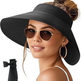 Sun Visor Hats for Women Wide Brim Ponytail Straw Beach Hat Packable Foldable UPF 50+ Floppy Travel Hats (Color: Pure Black  Visor)